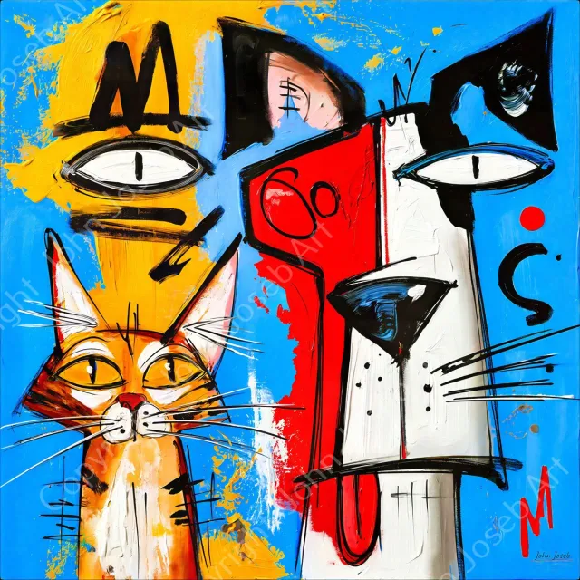 John Joseb Art (Canvas) 60x60 | Grappige hond en poes, kat, humor, Herman Brood stijl, abstract, kleurrijk, graffiti, kunst, vierkant, dier, portret, blauw, bruin, rood, wit, modern| Foto-Schilderij canvas print (wanddecoratie) Canvas, dikte 2 cm