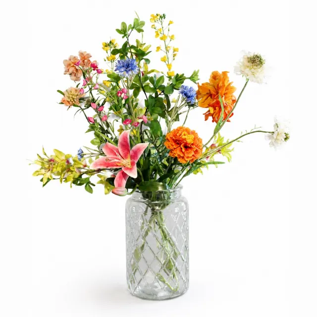 Bloemenjunkie Kunstbloemen - Inclusief Vaas- Zijden Bloemen - Boeket - Veldboeket - 70cm Hoog - 10 Stelen - nepbloemen Zalm