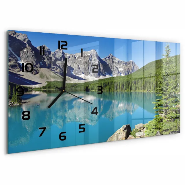 TULUP Wandklok - Meer in de bergen Glazen Klok Met Print - 60x30 cm - Groente Wandklok Glas Met Motief - Zwarte handen - Rechthoekige Klok - Wandklok Glas Decoratie - Gekleurde Glazen Klok