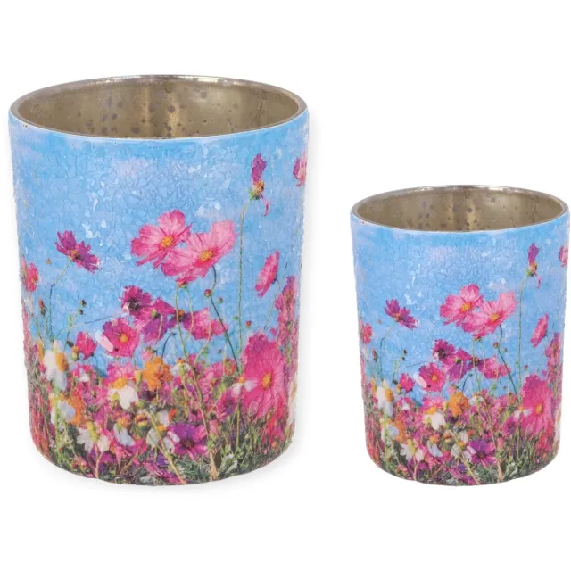 DK design Daan Kromhout - Waxinelichthouders -Set van 2 - Glasmozaïek - Bloemenprint - 10x12 en 8x9 cm - Windlichten Blauw