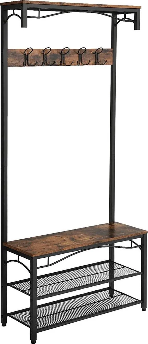Vasagle garderobe in industrieel ontwerp, schoenenrek met zitting, kledingrek met 5 afneembare haken, schoenenrek met zitting, 3 planken, in hout en metaal Vintage BRUIN ZWART
