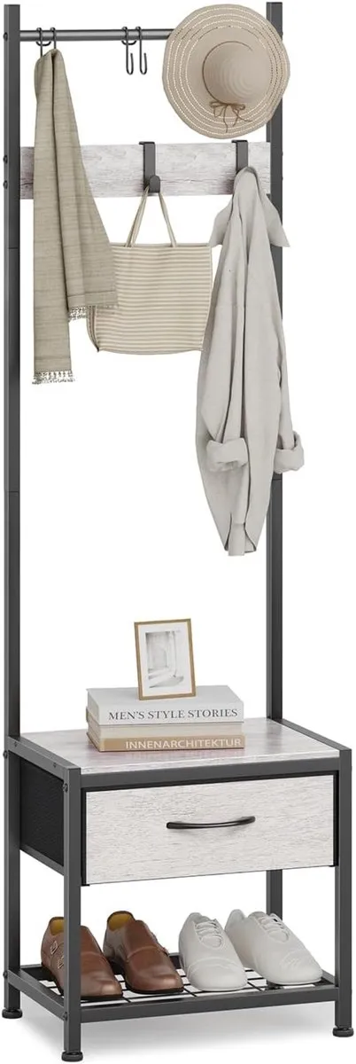 Zoranta Smalle gang kapstok industriële kapstok vrijstaande hal boom met lade opslag schoen bank 6 haken metalen frame 45 cm x 30 cm (L x B x H) Greige Grijs