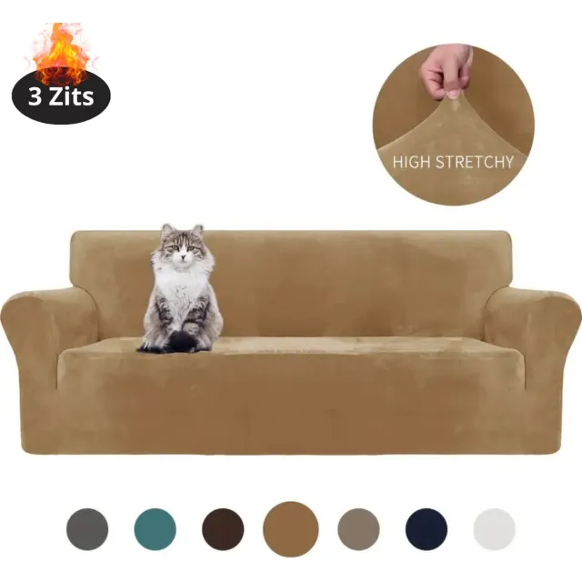 Livano Bankhoes - Bankbeschermer - Stretch - Sofa Cover - Fluweel - Kameel - 3 Zits