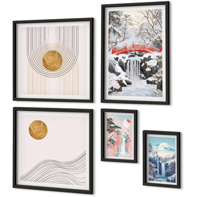 Coloray 5-Delige Schilderij Set - Landschappen Met Watervallen En Bruggen In Japanse Stijl. - 50 x 50 cm, 20 x 30 cm En 40 x 60 cm - Decoratieve Schilderijen - Wanddecoratie - Hal - Stijlvolle Muurdecoratie Zwarte lijst