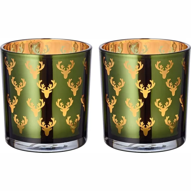 EDZARD Set van 2 windlichten theelichtglas kaarsglas dirk, groen, hert, hoogte 8 cm