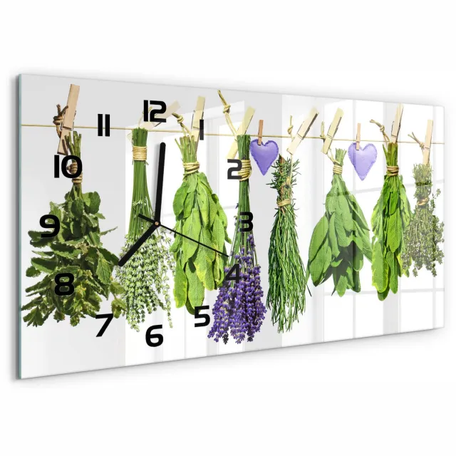 TULUP Wandklok - Kruiden aan een touwtje Glazen Klok Met Print - 60x30 cm - Groente Wandklok Glas Met Motief - Zwarte handen - Rechthoekige Klok - Wandklok Glas Decoratie - Gekleurde Glazen Klok