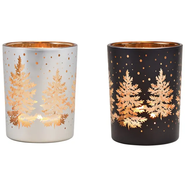 Wurm theelichthouder/kaarshouder kerstboomdecor van glas zwart, zilver 2-voudig, (B/H/D) 10x12x10cm zwart/wit