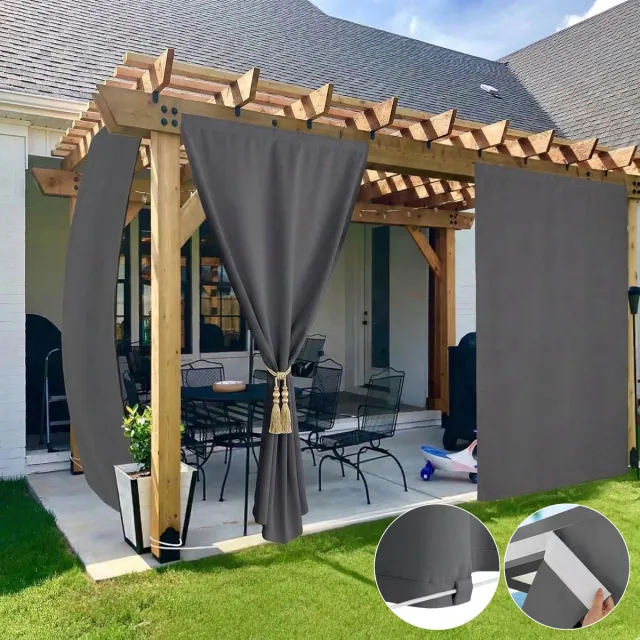 Qelus 2 Stuks Winddicht Buitengordijn Klittenband & Lussen - 100% Verduisterend Outdoor Gordijn Waterdicht - Zonder Roede Demonteren - Rideau Occultant - 132x244cm - Grijs Grijs - 2 Stuks