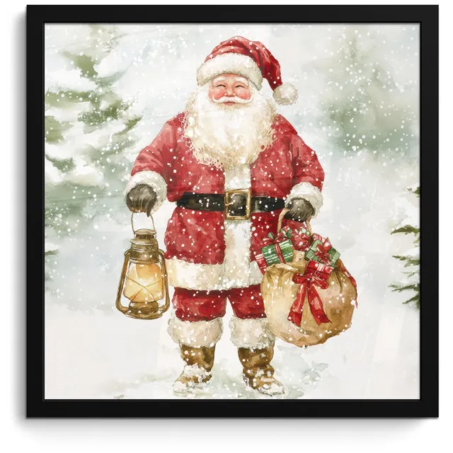 FrameYourWall Poster in lijst - Fotolijst 40x40 cm - Posters - Kerstman- Winter - Sneeuw - Wit - Rood - Posterlijst zwart - Decoratie - Wanddecoratie woonkamer - Muurdecoratie slaapkamer - Kerstversiering - Kerstdecoratie voor binnen - Kerstmis