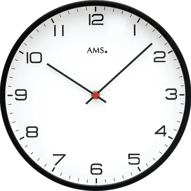 AMS W9659 - Wandklok - Analoog - Rond - Metaal - Mineraal Glas - Zwart - Wit - 30 cm ø