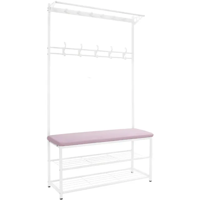 Happiq Kapstok met bank - Kledingrek - Schoenenrek - Voor kledingopslag en schoenen - Multifunctioneel - Met haken en bankje - Roze