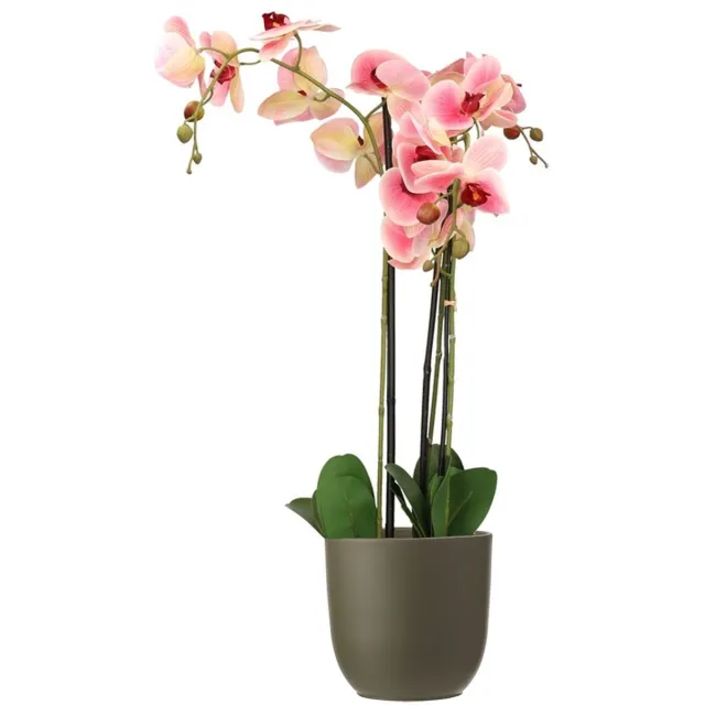 Mica Decorations Orchidee kunstplant roze - 75 cm - inclusief bloempot olijfgroen mat - Kunstbloemen in pot Olijf groen