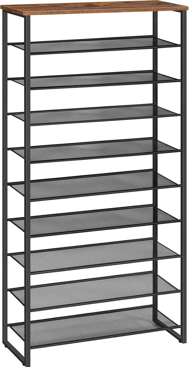 Trankielo Ruimtebesparend Schoenenrek – 10 Niveaus – Metaal en Vintage Bruin-Zwart Design – Capaciteit voor 32-40 Paar Schoenen Rustiek Bruin + Zwart