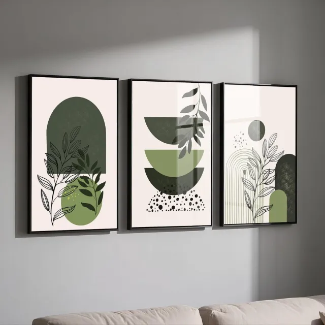 Ibenzoa Beige en groene wandafbeeldingen set van 3 - boho esthetische posters voor moderne interieurdecoratie