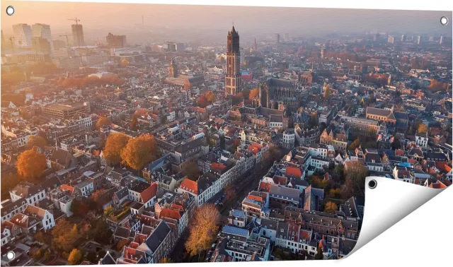 Gards Tuinposter Utrecht vanuit de Lucht - 100x50 cm - Tuindoek - Tuindecoratie - Wanddecoratie buiten - Tuinschilderij Multikleur