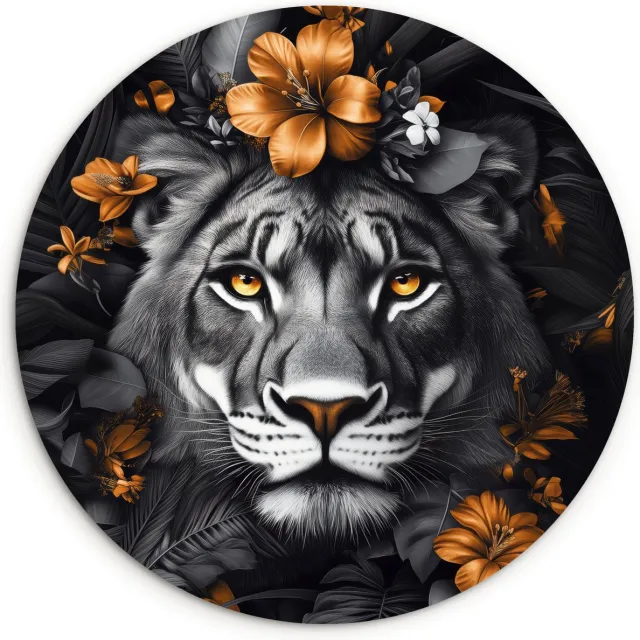WallCircle Wandcirkel 30x30 cm - Muurcirkel Tijger - Zwart wit - Goud - Bloemen - Botanisch - Muurdecoratie woonkamer - Wanddecoratie slaapkamer - Kamer decoratie accessoires - Ronde schilderijen Leeuw