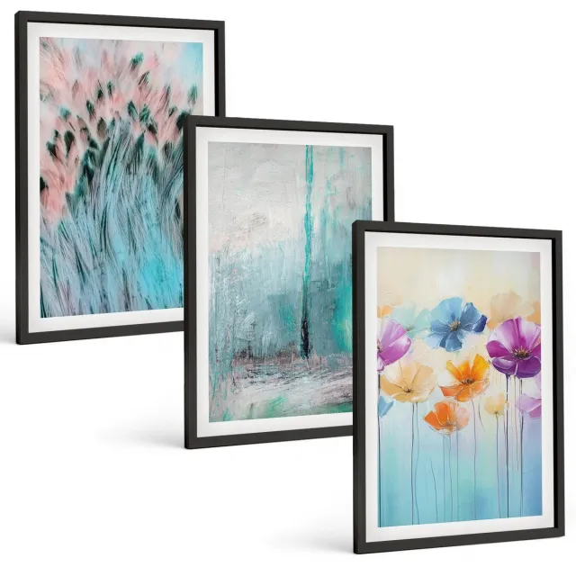 TULUP 4-Delige Schilderij Set - Bloemen op een achtergrond van pastelkleuren en delicate patronen. - 40 x 60 cm - Decoratieve Schilderijen - Wanddecoratie - Hal - Stijlvolle Muurdecoratie Zwarte lijst