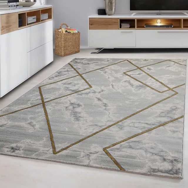 flycarpets Alba Modern Vloerkleed - Grijs/Goud - Marmer Design