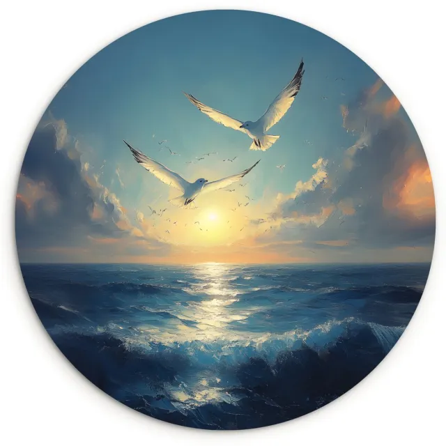 WallCircle Wandcirkel 120x120 cm - Muurcirkel Meeuwen - Zee - Wolken -Blauw - Muurdecoratie woonkamer - Wanddecoratie slaapkamer - Kamer decoratie accessoires - Ronde schilderijen Meeuwen - Zee - Zon