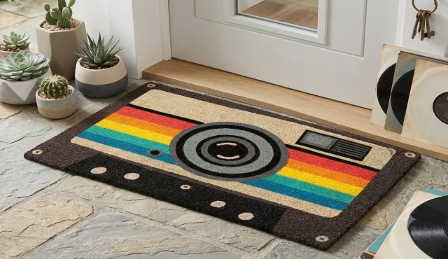 Maison Elara Handgeschilderde Kokosdeurmat Retro Camera - 70x40 cm - Antislip PVC Rug retro camera, veelkleurig