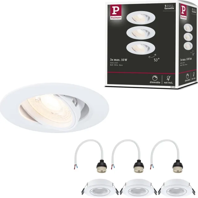 Paulmann Inbouwlamp Set van 3 zwenkbaar rond 90 mm 30° GU10 max. 3x10W 230V dimbaar Wit