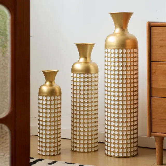 REDOM Vaas - 3-delige vloervaas set - Metalen constructie - Niet waterdicht - Decoratieve stijl - Voor woonkamer, hal en kantoor - Metaal - Antiek brons en wit - 83 cm, 66 cm en 50 cm Goud