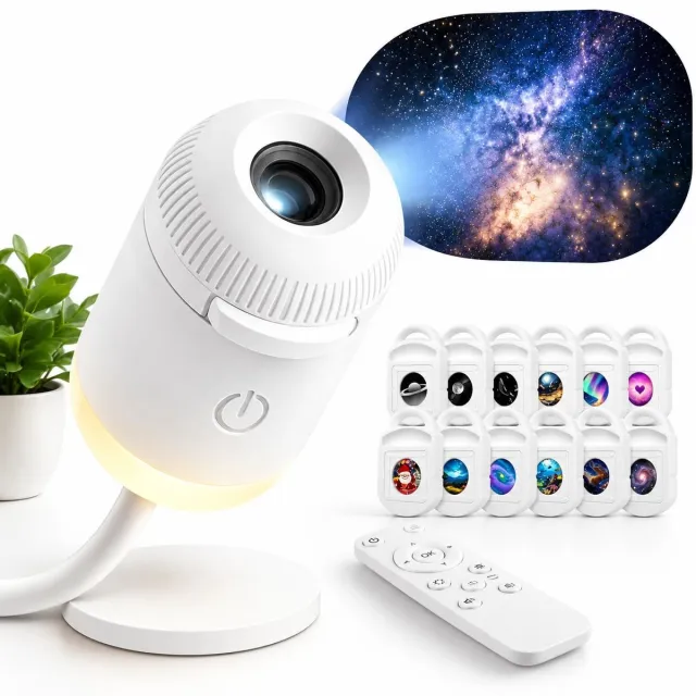 VHV 2-in-1 sterrenprojector & nachtlamp -Sterrenhemelprojector– 12 films, 360° draaibaar – Sfeerverlichting auto – Dimbare LED, touchbediening – USB op zakformaat wit