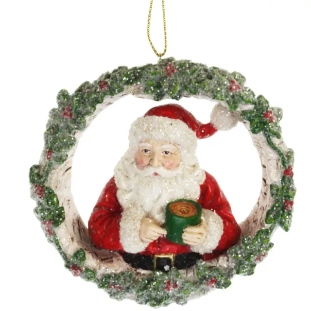 MEA Ornament Kerstman in kerstkrans, glitter Ø10x3,5cm Zie foto