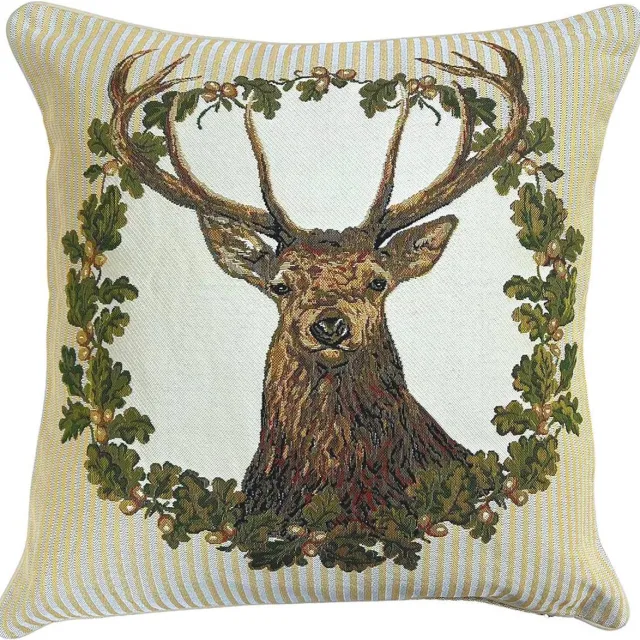 Signare Kussenhoes - Luxe gobelinstof - Stag - Hert - Deer - Edelhert - Beige schotse ruit multi