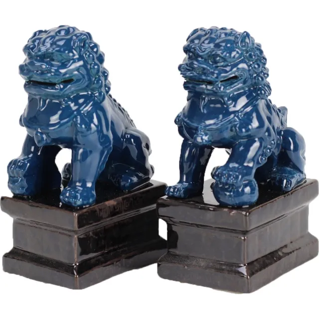 Fine Asianliving Chinese Foo Dogs Tempel Bewakers Leeuwen Porselein Navy Set/2 Handgemaakt B9xD9xH16cm Blauw