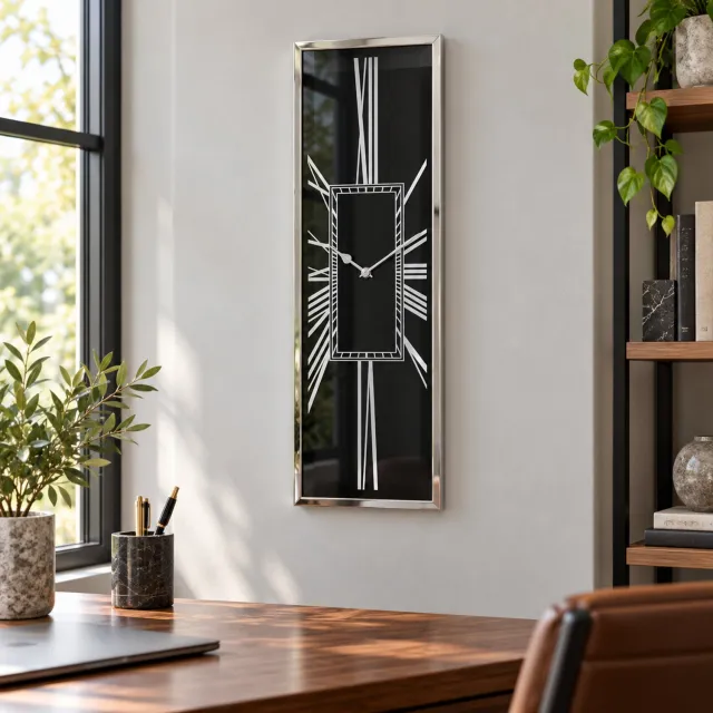 Hoppa! Hoge verticale wandklok met Romeinse cijfers - Zwart/Chroom - 5 x 26 x 76 cm (B x D x H)