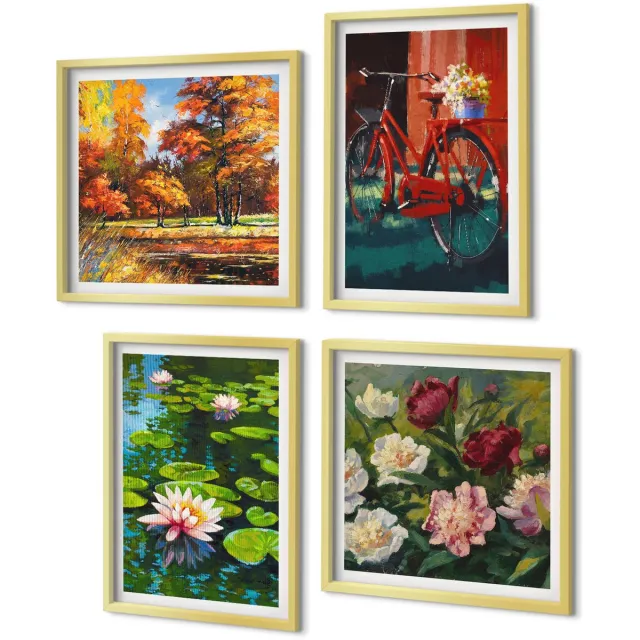 Coloray 4-Delige Schilderij Set - Herfstkleuren, lelievijver, fietsen op het terras - 40 x 40 cm en 40 x 60 cm - Wanddecoratie - Woonkamer Decoratie - Muurdecoratie Gouden lijst