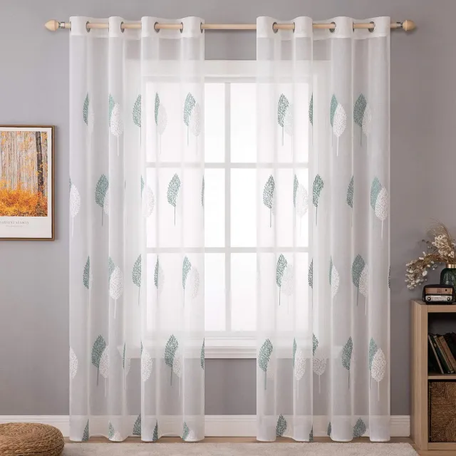My Ninki ® Stijlvolle Transparante Gordijnen met Geborduurd Bladmotief voor Elke Ruimte in Huis wit