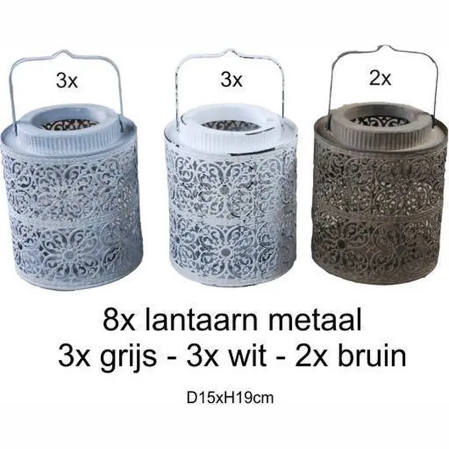 PH design Lantaarn / windlicht voor buitenmetaal rond - windlicht metaal rond met windglas - 8 stuks assortiment van 3 kleuren - tuinlantaarn - horeca / terras / tafel lantaarns dia15xH19cm - 3x wit 3x grijs 2x bruin - horeca accessoires 3x wit - 3x grijs - 2x bruin