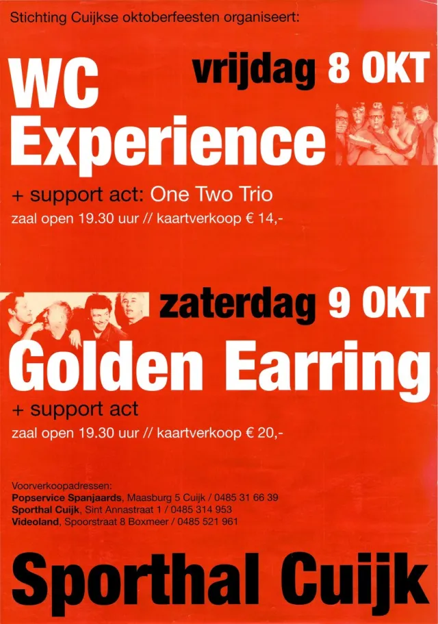 superdoughhook.com Affiche Poster in koker van de Golden Earring. Aankondiging concert van WC Experience op vrijdag 8 Oktober en de Golden Earring op zaterdag 9 oktober 2006 in de sporthal van Cuijk tijdens de Cuijkse oktoberfeesten. rood, wit en zwart.