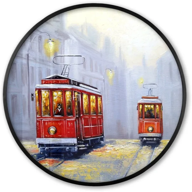 FrameYourWall Poster in lijst Rond - Fotolijst 60x60 cm - Posters - Schilderij - Tram - Stad - Olieverf - Ronde posterlijst zwart - Decoratie - Wanddecoratie woonkamer - Muurdecoratie slaapkamer Multicolor
