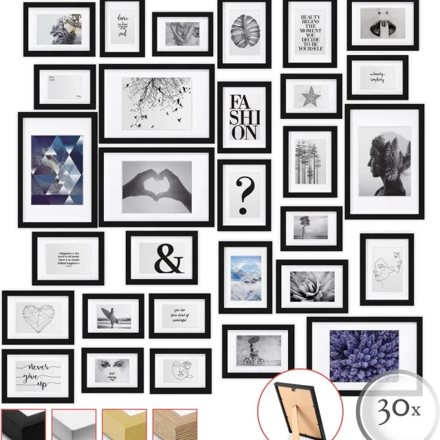 bomoe Emotion Set van 30 Fotolijsten Houten Frames - kunststof glas - 10x 10,5x15cm / 15x 13x18cm / 5x 20x30cm - Metalen Ophanging - Standaard & Passepartout - Zwart