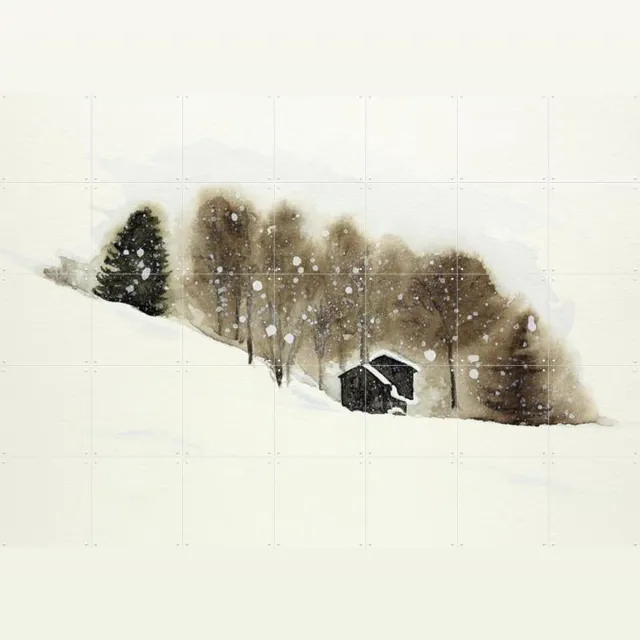 IXXI Ski Slope with Wooden Cabins, Natalie Bruns - 140 x 100 cm - Grote wanddecoratie en posters - Naturalisme, Aquarel, Gang, Woonkamer, Slaapkamer Wit / Koele tinten