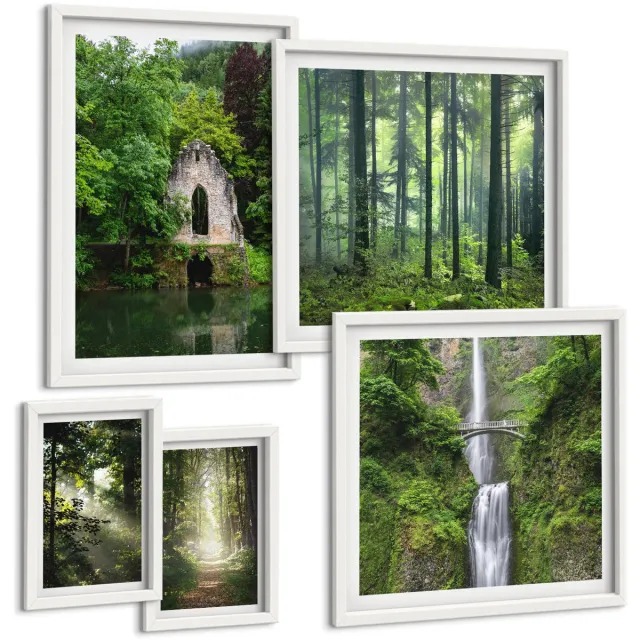 Coloray 5-Delige Schilderij Set - Groene Bossen En Watervallen In Een Natuurlijke Omgeving - 50 x 50 cm, 20 x 30 cm En 40 x 60 cm - Wanddecoratie - Muurdecoratie - Moderne Interieurdecoratie - Woonkamer Decoratie Witte lijst