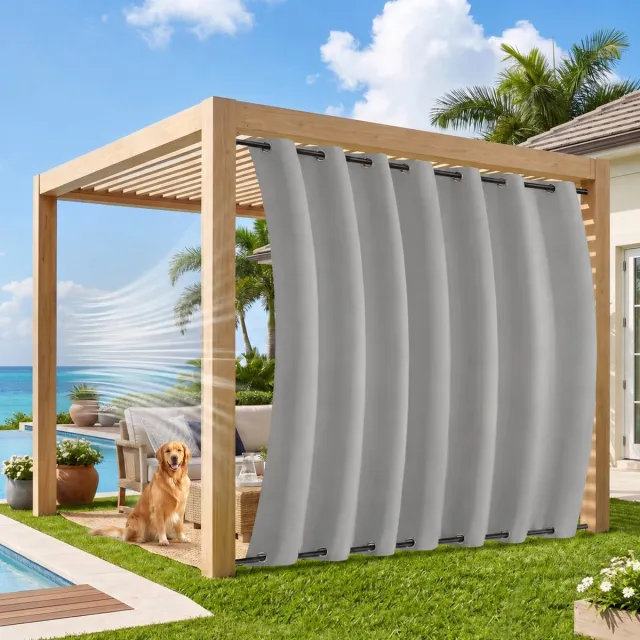 MUPOO Extra Brede Buitengordijnen Waterdicht & Stormbestendig 254cm - Met Dubbelzijdige Bevestiging tegen Wind - Verduisterend & UV Werend - Outdoor Gordijnen voor Terras & Pergola - 254x274 cm - Lichtgrijs- 1 Stuk (Rideau Extérieur Imperméable) Lichtgrijs-1 stuck