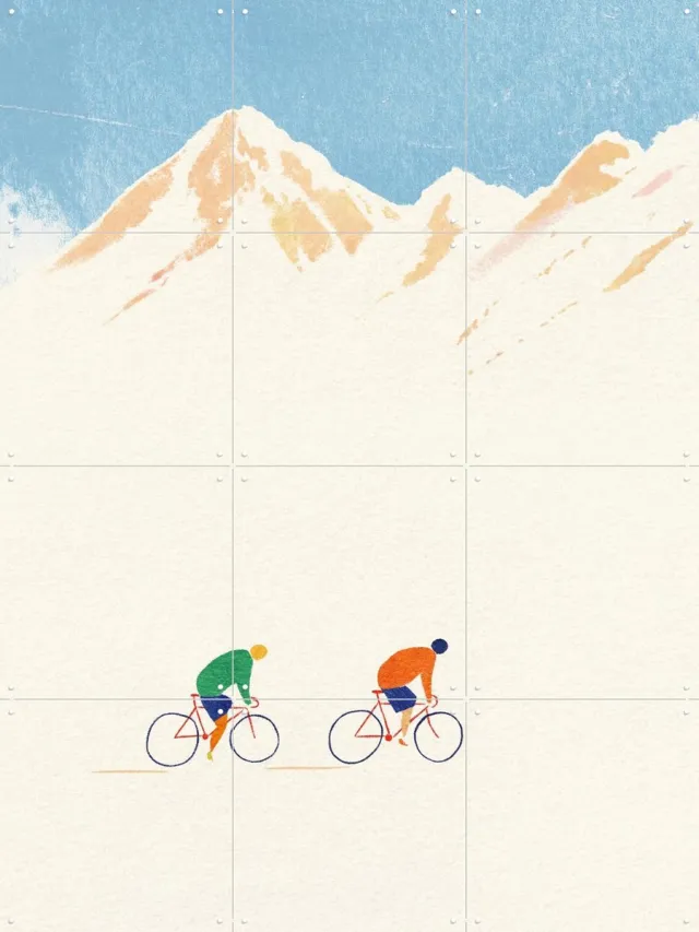 IXXI Cycling In The Valley, Henry Rivers - 60 x 80 cm - Grote wanddecoratie en posters - Illustraties, Digitale Kunst, Cartoonesk, Gang, Mancave Wit / Blauw