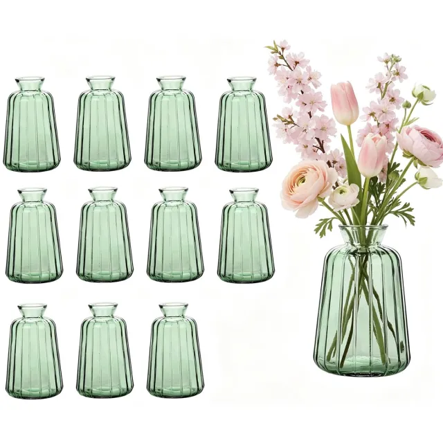 Famanu Set van 12 kleine glazen vazen voor tafeldecoratie, vintage stijl decoratieve vazen voor bruiloften en evenementen Zwart