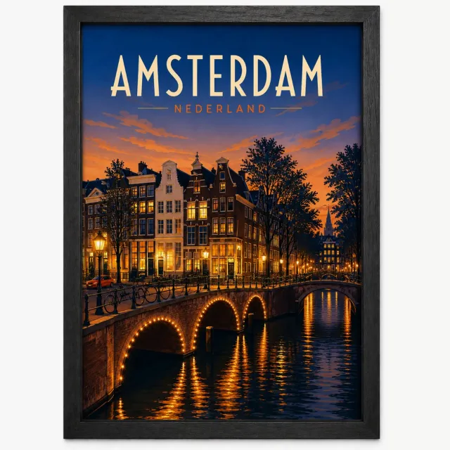Joshimo Amsterdam Poster | Retro Stadsillustratie Grachten | Vintage | Inclusief Zwarte A4 Lijst