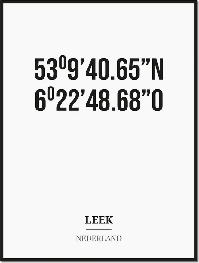 Studio216 Poster/kaart LEEK met coördinaten zwart, wit