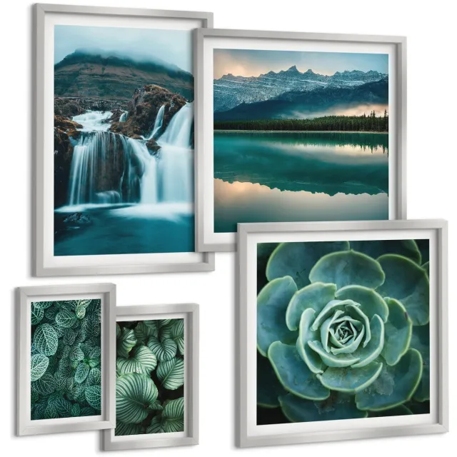TULUP 4-Delige Schilderij Set - Groene planten en watervallen in een natuurlijke stijl - 50 x 50 cm, 20 x 30 cm en 40 x 60 cm - Muurdecoratie - Decoratieve Schilderijen - Wohnzimmer - Moderne Wanddecoratie Zilveren lijst