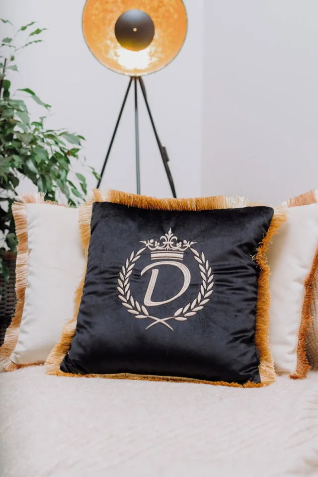 Sandra Mika Embroidered pillow / personalised pillow / monogram pillow / decorative cushion 40x 40 black velvet letter D Zwart