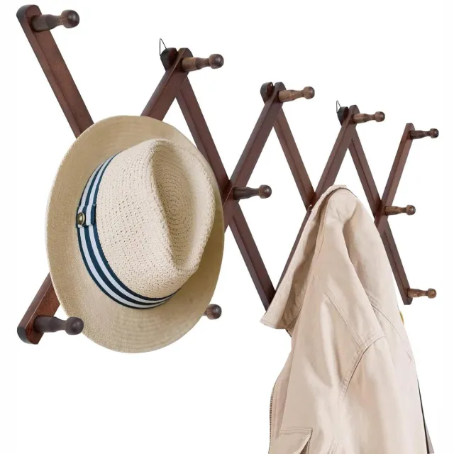 Unyqoos Uitschuifbare houten wandkapstok met 14 haken voor optimale ruimtebenutting Donkerbruin