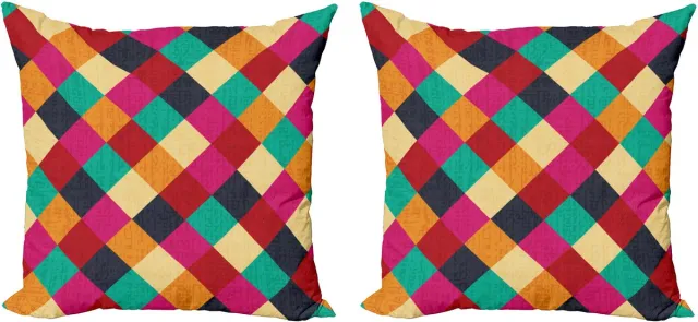 ABAKUHAUS Kleurrijke decoratieve kussenhoez 2-pack, verweerd ruitpatroon, 60x60 cm, turquoise, paars, rood