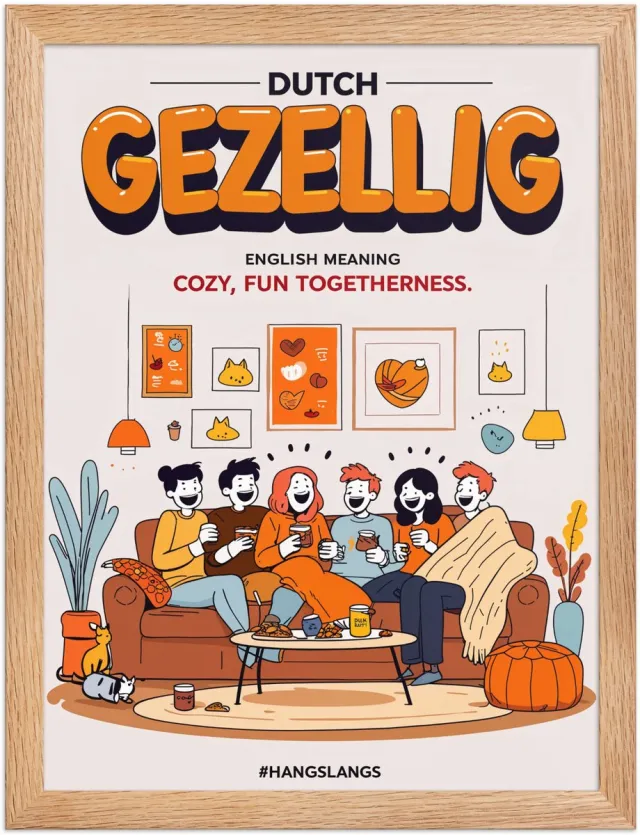 HangSlangs Funny Dutch Slang Poster “Gezellig” – Quirky Wall Art Print – Home & Living Room Décor – 30×40 cm / A3 Oak