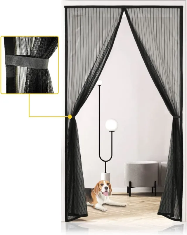 Velosquito Magnetisch vliegengaas voor balkondeur, terrasdeur (100 x 210 cm), vliegengordijn en insectenbescherming, deur met vliegenmepper en 6 m plakband zwart